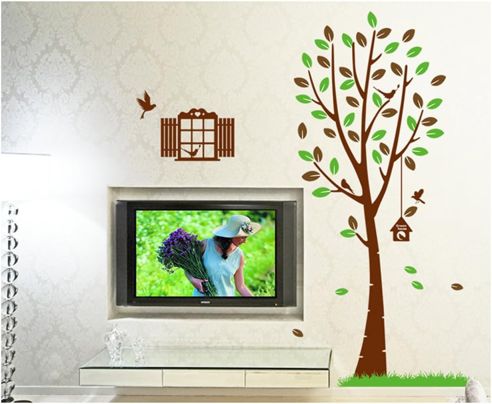 Large Tree Wall Decal with Birds, Swing, Birdhouse, Leaves Decor