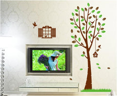 Large Tree Wall Decal with Birds, Swing, Birdhouse, Leaves Decor