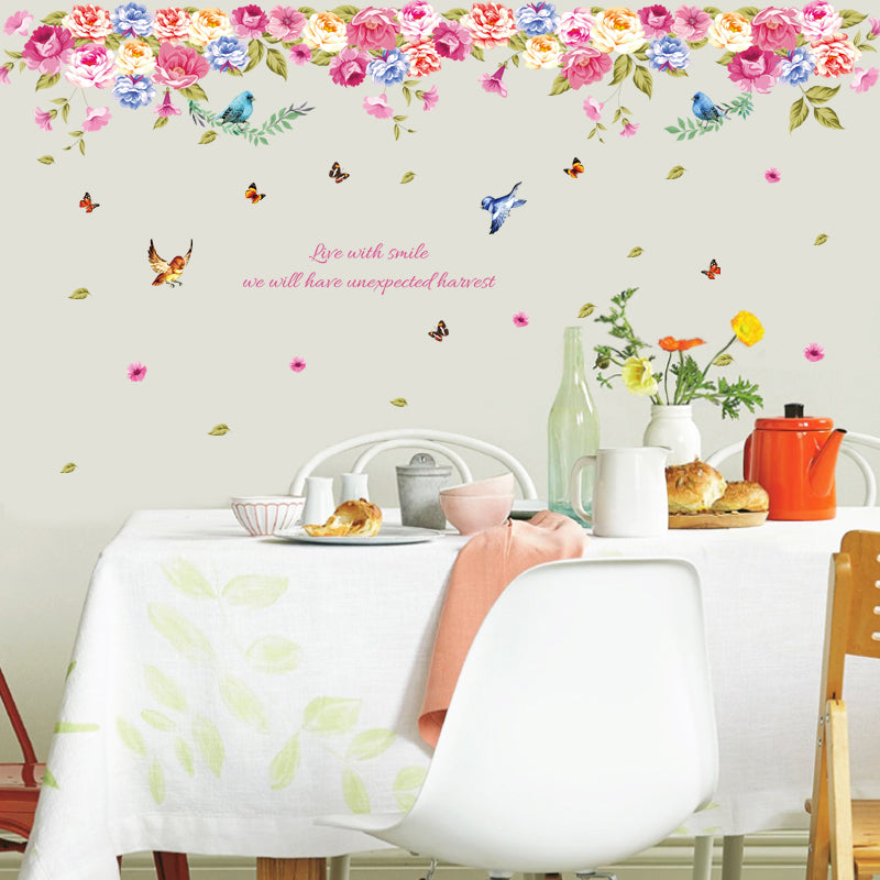 Colourful Peony Flower Wall Sticker with Birds & Butterflies – Floral Decal
