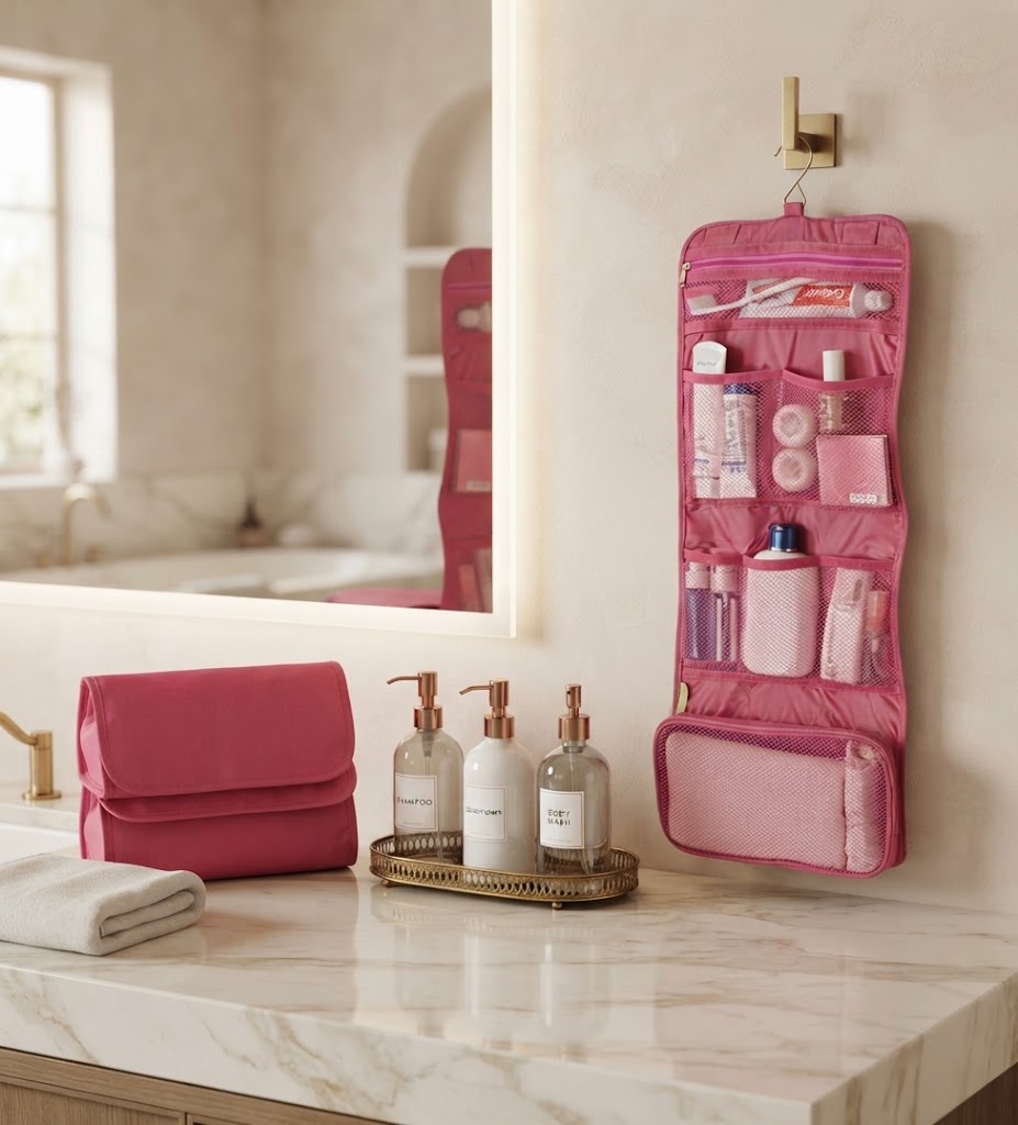 Pink Hanging Travel Toiletry Cosmetic Organizer Bag With Hook