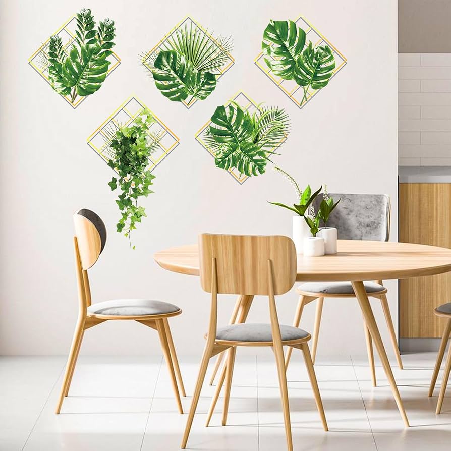 3D Geometric Framed Tropical Green Leaves Wall Decals Home Decor