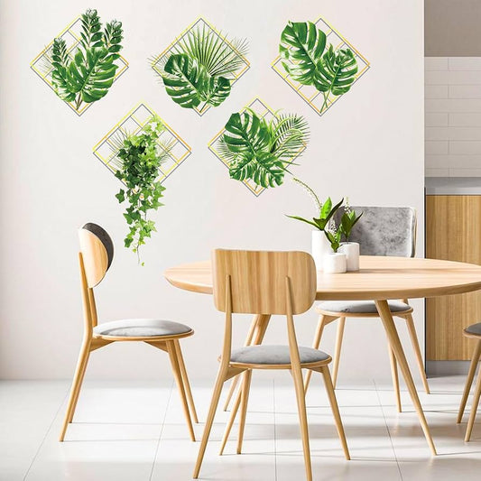 3D Geometric Framed Tropical Green Leaves Wall Decals Home Decor