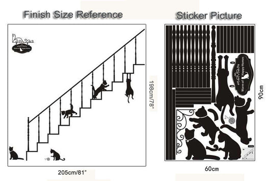 Playful Black Cats On Staircase Railing Removable Wall Sticker Decal