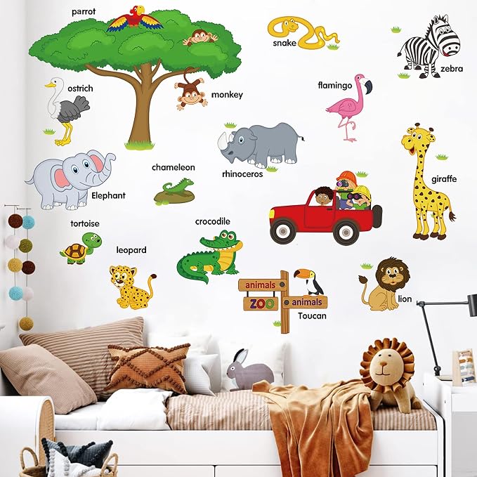 Jungle Safari Animal Wall Stickers for Kids’ Rooms – Removable Nursery Decals