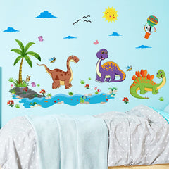 Cute Cartoon Dinosaurs Palm Tree Clouds Kids Room Wall Sticker