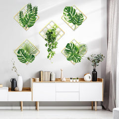 3D Geometric Framed Tropical Green Leaves Wall Decals Home Decor
