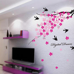 Pink Cherry Blossom Tree Branches with Flying Birds Wall Decal