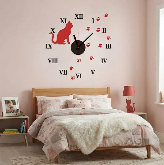Red Cat Silhouette Wall Clock With Roman Numerals And Pawprints