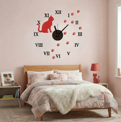 Red Cat Silhouette Wall Clock With Roman Numerals And Pawprints