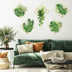 3D Geometric Framed Tropical Green Leaves Wall Decals Home Decor