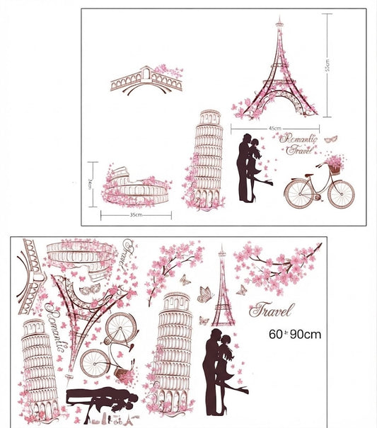Romantic Travel Paris Eiffel Tower and Landmarks Wall Decal Sticker