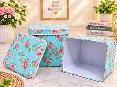 Vintage Floral Square Metal Storage Tin Canister with Matching Lid