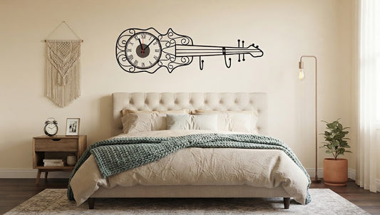 Vintage Violin Shaped Wall Clock With Storage Hooks Home Decor