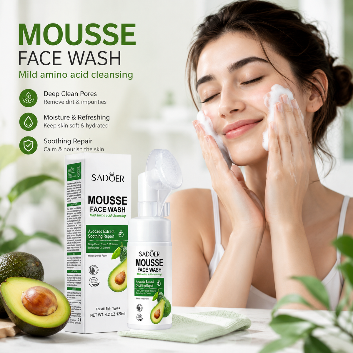SADOER Hydrating Avocado Extract Amino Acid Foaming Face Wash