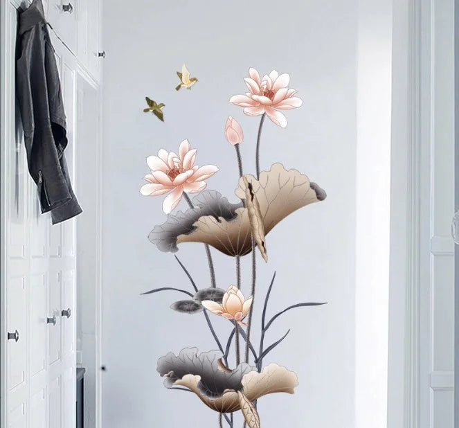 Pink Lotus Flower Wall Sticker Elegant Self-Adhesive Floral Art for Bedroom & Hallway.