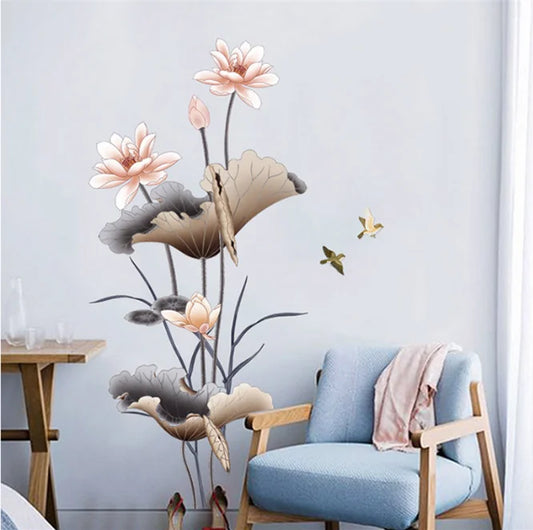 Elegant Pink Lotus Flower and Flying Birds Wall Sticker