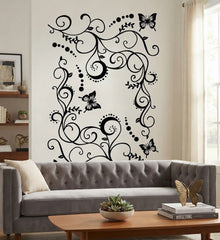 Black Butterfly Floral Vines Removable Waterproof Vinyl Wall Sticker Decal