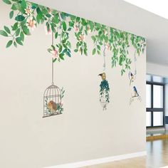 Hanging Birdcages and Green Leafy Vines Wall Sticker Decor