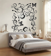Black Butterfly Floral Vines Removable Waterproof Vinyl Wall Sticker Decal