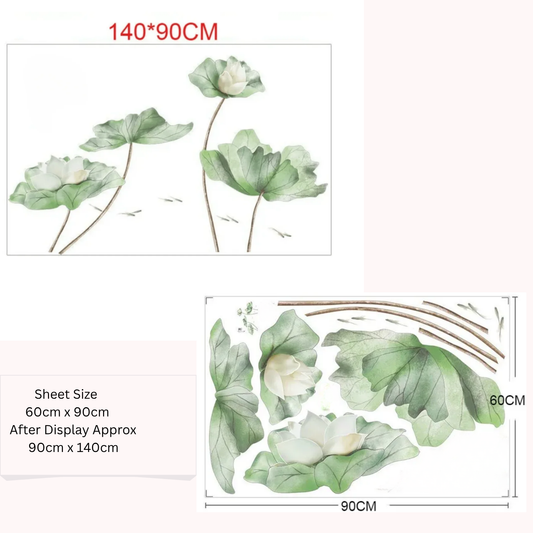 Watercolor White Lotus Flower and Green Leaves Wall Sticker Decal