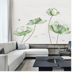 Watercolor White Lotus Flower and Green Leaves Wall Sticker Decal
