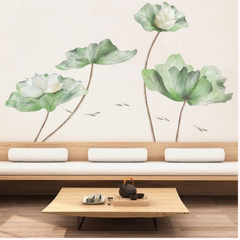 Watercolor White Lotus Flower and Green Leaves Wall Sticker Decal
