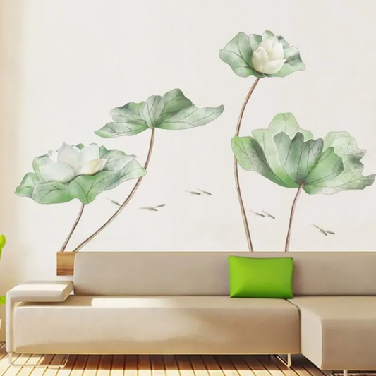 Watercolor White Lotus Flower and Green Leaves Wall Sticker Decal