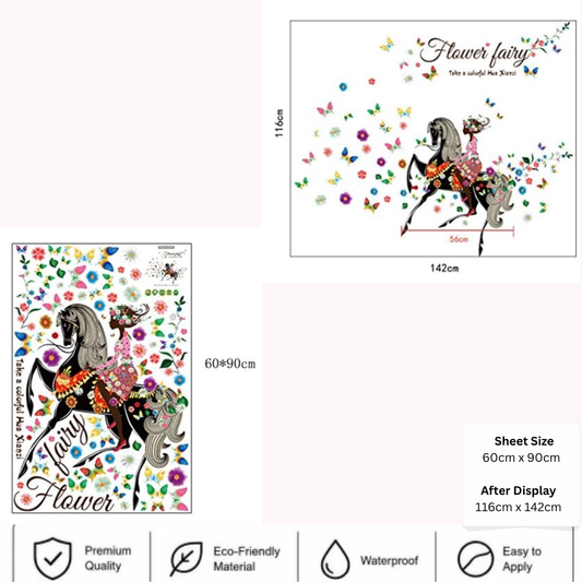 Flower Fairy Girl Riding Horse with Colorful Butterflies Wall Decal