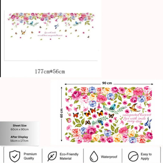 Colourful Peony Flower Wall Sticker with Birds & Butterflies – Floral Decal