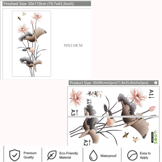 Elegant Pink Lotus Flower and Flying Birds Wall Sticker