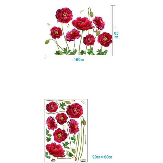Red Peony Flower and Butterflies Wall Sticker