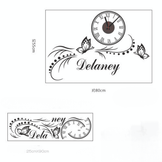 Personalized Roman Numeral Clock Butterfly Wall Sticker Custom Name Decor