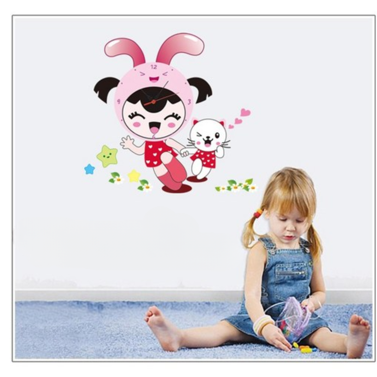 Cute Bunny Costume Girl And Cat Wall Sticker Clock