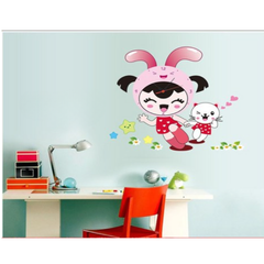 Cute Bunny Costume Girl And Cat Wall Sticker Clock