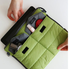 Dark Green and Red Quilted Gadget Pouch with Multiple Compartments
