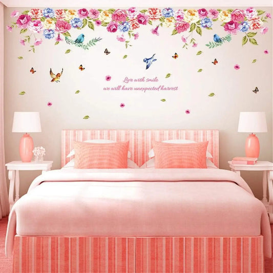 Colourful Peony Flower Wall Sticker with Birds & Butterflies – Floral Decal