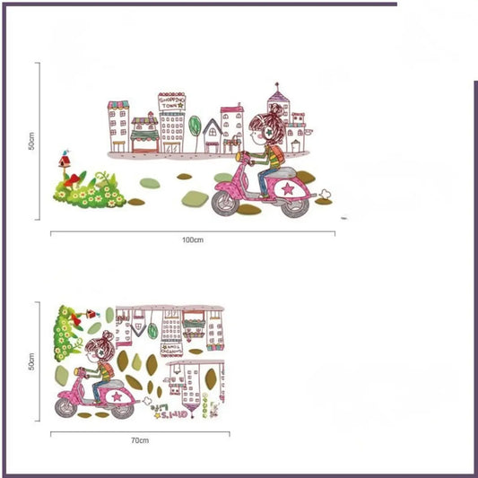 Girl On Bike In City Wallpaper Sticker, Creative PVC Wall Sticker For Kids Room Decoration  Colorful Wall Art Decal