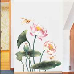 Traditional Pink Lotus Flower And Dragonfly Waterproof Wall Sticker Decal