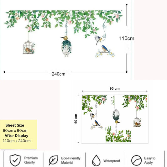 Hanging Birdcages and Green Leafy Vines Wall Sticker Decor
