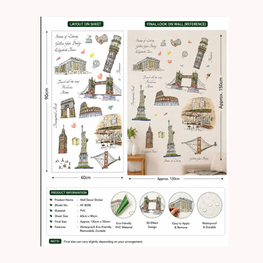 Famous World Landmarks Travel Sketch Watercolor Removable Vinyl Wall Sticker