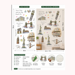 Famous World Landmarks Travel Sketch Watercolor Removable Vinyl Wall Sticker