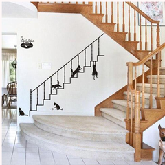 Playful Black Cats On Staircase Railing Removable Wall Sticker Decal