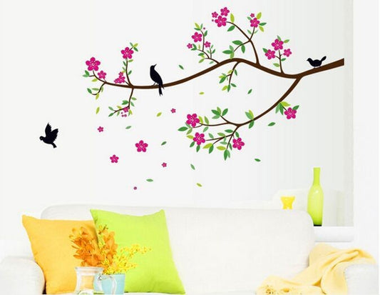 AY-9033 Removable Flowers Pink Peach Home Decoration Wall Stickers  PVC Floral Birds  Wall Paper