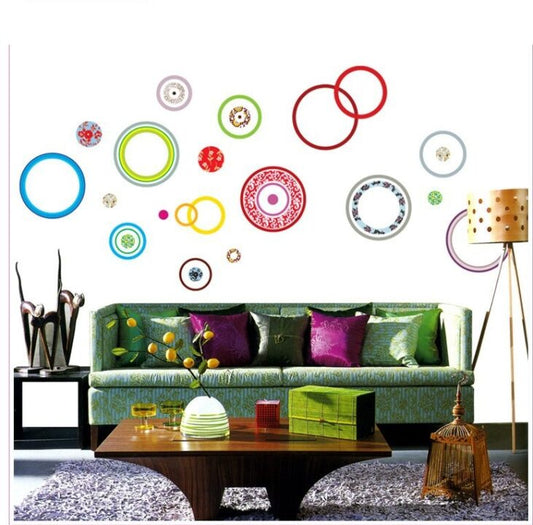 AY-9049 Removable Colorful Circle Rings Art Wall Sticker for Kids Room Decoration Wall Paper PVC Wall Art Decor