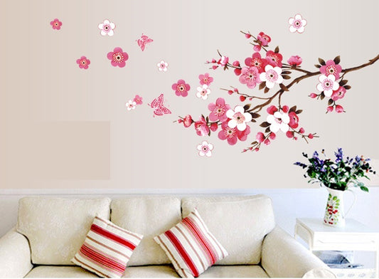 Pink Floral Wall Paper AY-9053 Romantic Sakura Flowers Wall Stickers Home Decorations Living Bedroom Office DIY Decals TV Background Mural Art.