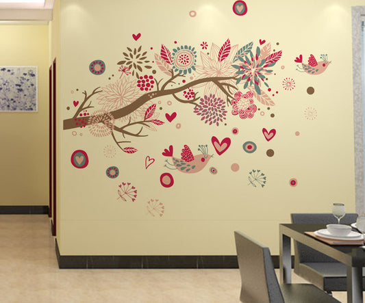 Floral Vinyl Wall Art Colorful Tree Hearts Flowers Birds Wall Sticker PVC Removeable Wall Decor