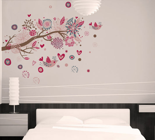 Floral Vinyl Wall Art Colorful Tree Hearts Flowers Birds Wall Sticker PVC Removeable Wall Decor