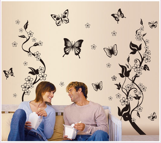 Black Vinyl Wall Sticker Butterfly Floral Wall Paper PVC Removeable Wall Decor