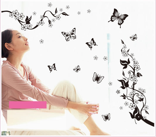 Black Vinyl Wall Sticker Butterfly Floral Wall Paper PVC Removeable Wall Decor