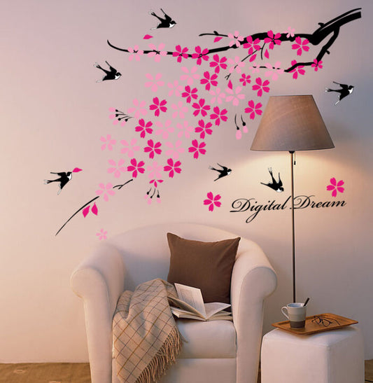 Bird and Flower Wall Sticker AY936 Pink Floral Wall Paper PVC Removeable Wall Decal